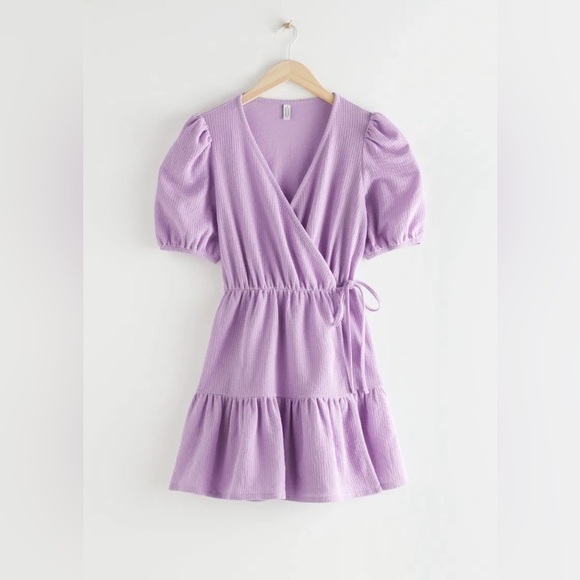 & OTHER STORIES Puff Sleeve Wrap Mini Dress Size XS Lavender Purple Ruffle - Picture 1 of 15
